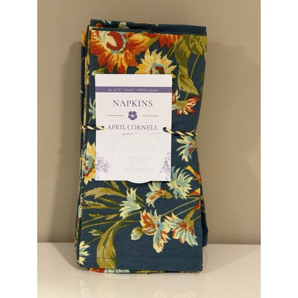 APRIL‎ CORNELL - WILDFLOWERS COTTON NAPKINS - SET OF 12 - TEAL ORANGE GOLD - NEW